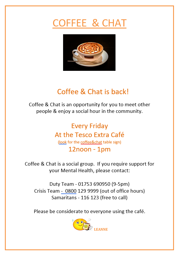 Poster for Coffee and Chat group, Fri 12-1 at Slough Tesco Extra